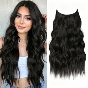 Plodon 20 Inch Invisible Wire Synthetic Halo Hair Extensions Clip-On Long Wavy Hairpiece for Women Black Secure 5 Clips