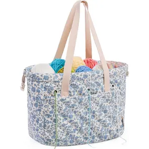 Portable Crochet Bag Organizer with Crochet Hook Organizer Roll, Quilted Yarn Storage Tote with Grommets, Knitting Project Bag for Yarn & Accessories, Floral Craft Tote Gift for Crocheters