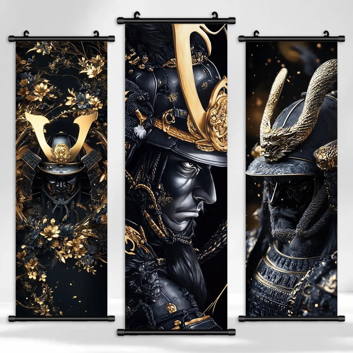 Samurai Pattern Canvas Wall Banner, 3 Counts/set Exquisite Decorative Character Poster, Graphic Prints, Character Art Decoration, Living Room Decor, Office, Bedroom Decoration, Ornaments, Detailed Samurai Imagery, Artistic