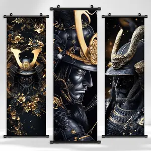 Samurai Pattern Canvas Banner, 3 Counts/set Exquisite Character Poster, Character Art Decoration, Living Room Decor, Office, Bedroom Decoration, Ornaments