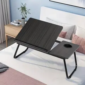 x[Comfort & Convenience] Multi-Functional Folding Laptop Desk with Cup Holder - 5-Level Adjustable Tilt, Portable Sturdy Wooden