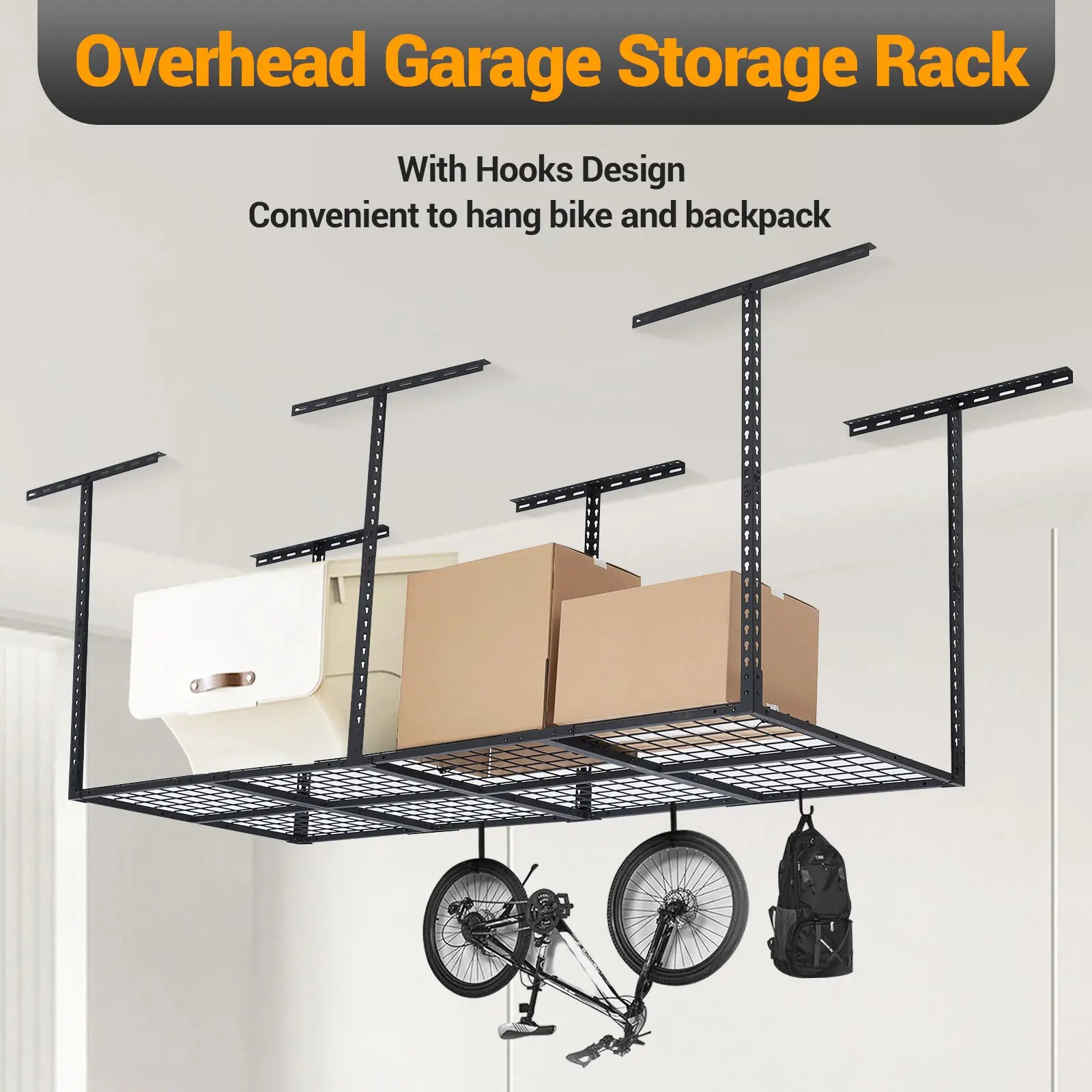 Garvee Heavy-Duty Overhead Garage Storage Rack, 96 x 36 in Ceiling Mounted Steel Shelving - Adjustable Height - Space-Saving Ceiling Storage System - 600 lb Capacity - Color: Black, Ceiling Rack, Overhead Shelf, Basement Workshop Storage, Utility Rack