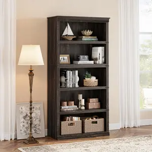 Garvee Multi-tier Wooden Bookcases and Shelves in Farmhouse and Modern Styles with 3 to 5 Shelves, Available in Dark Oak, White, Grey, and Brown Finishes, Ideal for Home Office, Living Room, Bedroom, and Library Storage and Display
