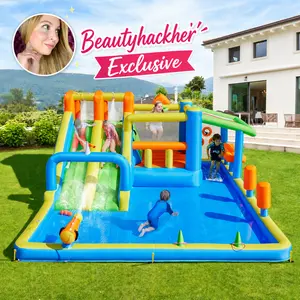 【Beautyhackher Exclusive】Yaheetech 10-in-1 Inflatable Water Slide w/ 2 Long Slides & Large Climbing Wall & Small Deeper Pool & Awning for Kids Aged 3 to 8, Outdoor Water Slide w/Storage Bag & 750W Blower