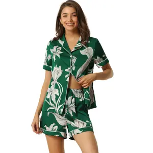 cheibear Women's Satin Short Sleeves Button Down Shirt with Shorts Pajamas Sets Small Green