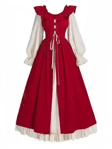 Vintage Patchwork Belted Dress, Colorblock Round Neck with Ruffle Hem, Sweet and Elegant Lantern Sleeve, Waist Cinching Design