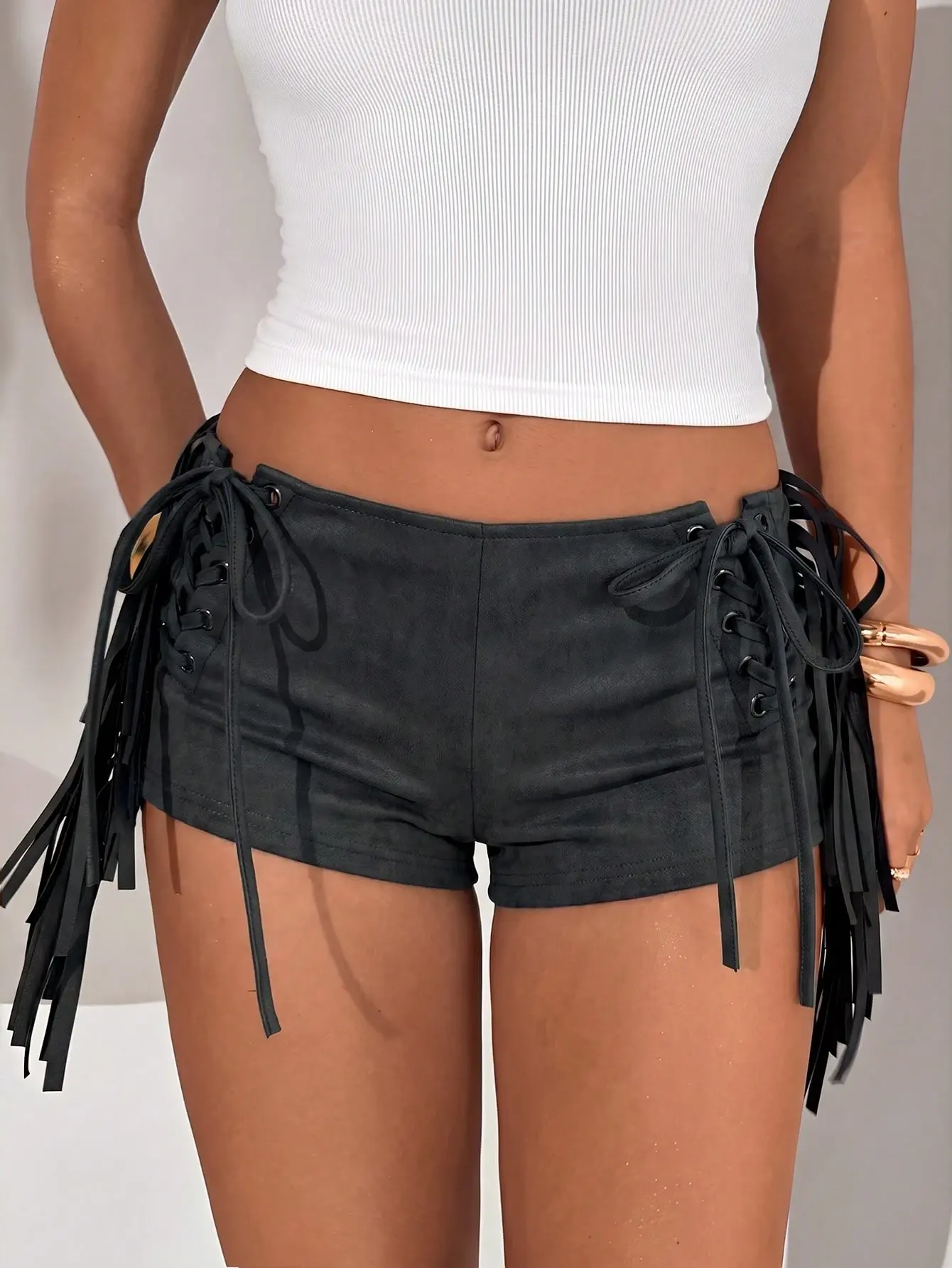 LALUZ Bohemian Suede Ultra Short Tassel Fitted Shorts Trendy Boho Fringe Bottoms Summer Party Outfit Cute Y2K Fashion Street Style