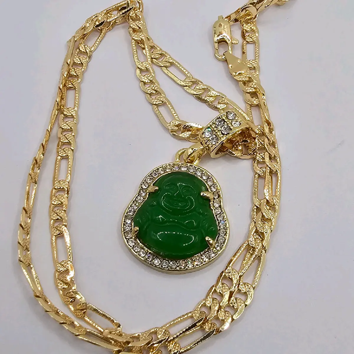 BUDDHA WITH FIGARO CHAIN  small pendant  beautiful style gold-plated green colors, religious chain, and pendant pick your color