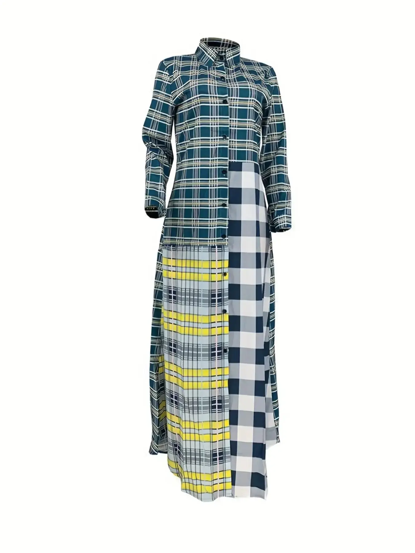 Women's Plaid Print Button Front Longline Shirt, Casual Patchwork Long Sleeve Collared Outerwear for Fall & Winter, Ladies Clothes for Daily Wear, Casual Chic, Casual Classy Fashion