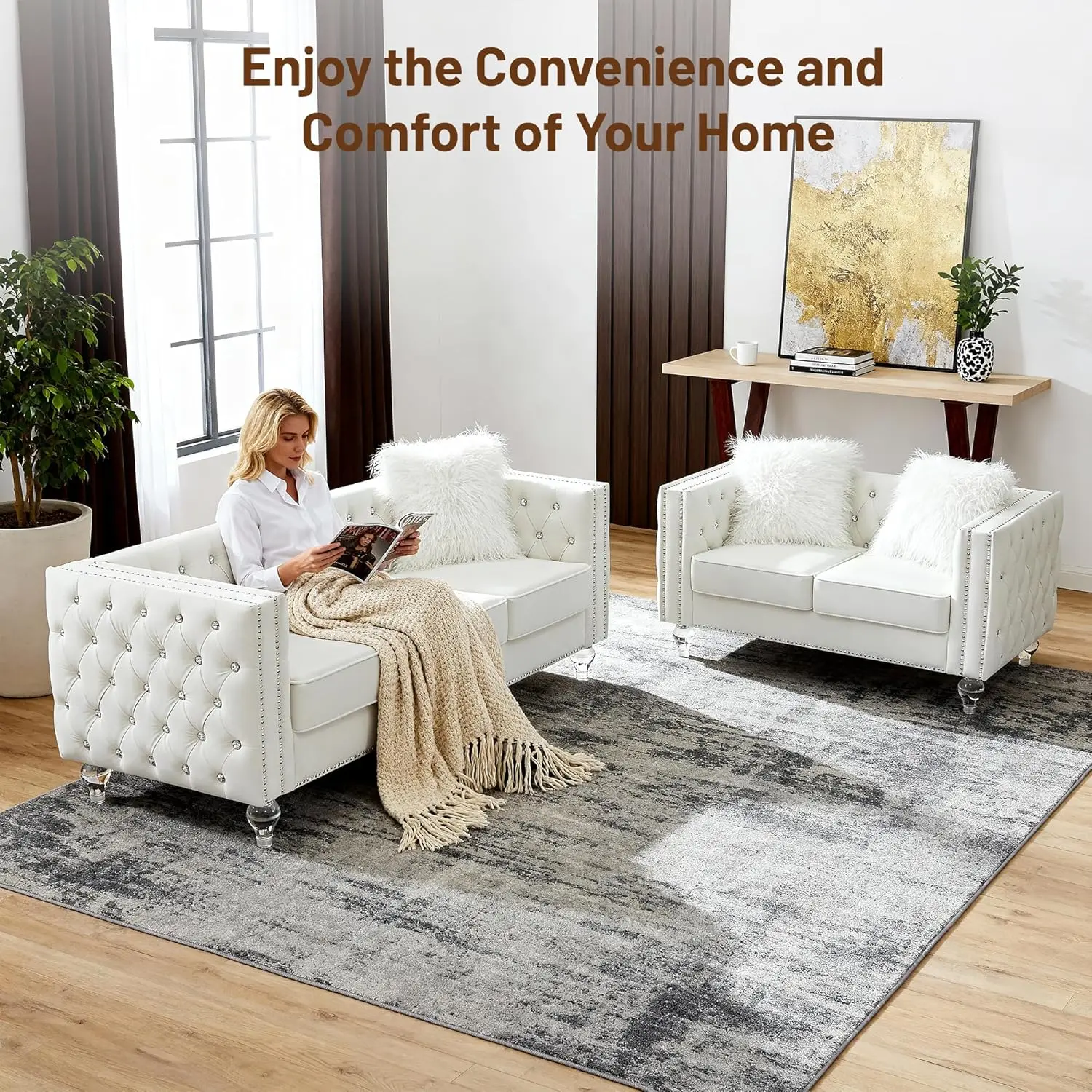2-Piece Luxury Chesterfield Style Sofa Set for Living Room - Modern Upholstered Indoor Sofas with Diamond Tufting, Acrylic Crystal Legs, Silver Nailhead Trim, Clean Design