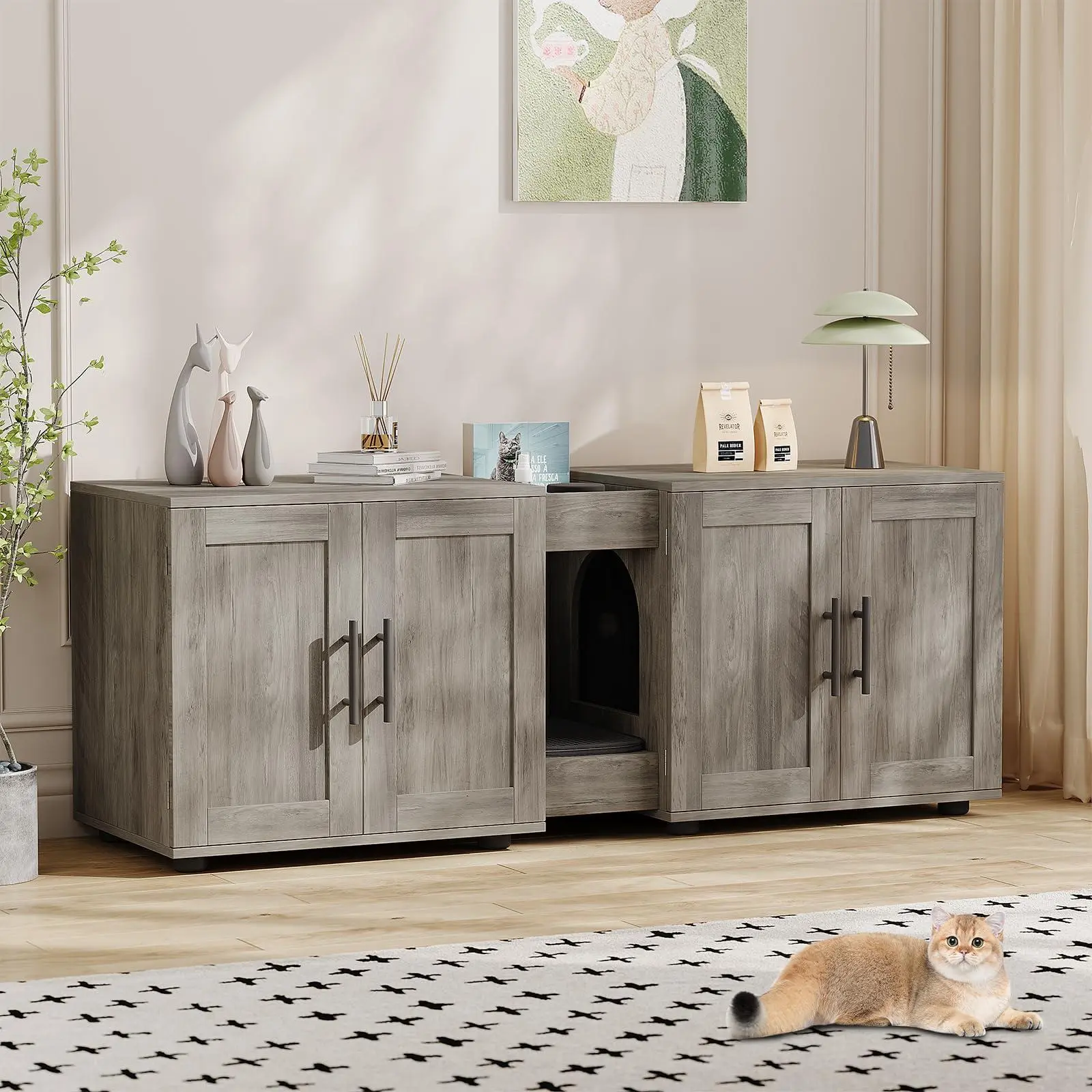 GARVEE Wooden 55-in Cat Litter Box Enclosure, Sturdy Dual-Compartment Base Cabinet with Barn Door, 3-in-1 Pet House for Bedroom & Living Room Furniture - Grey