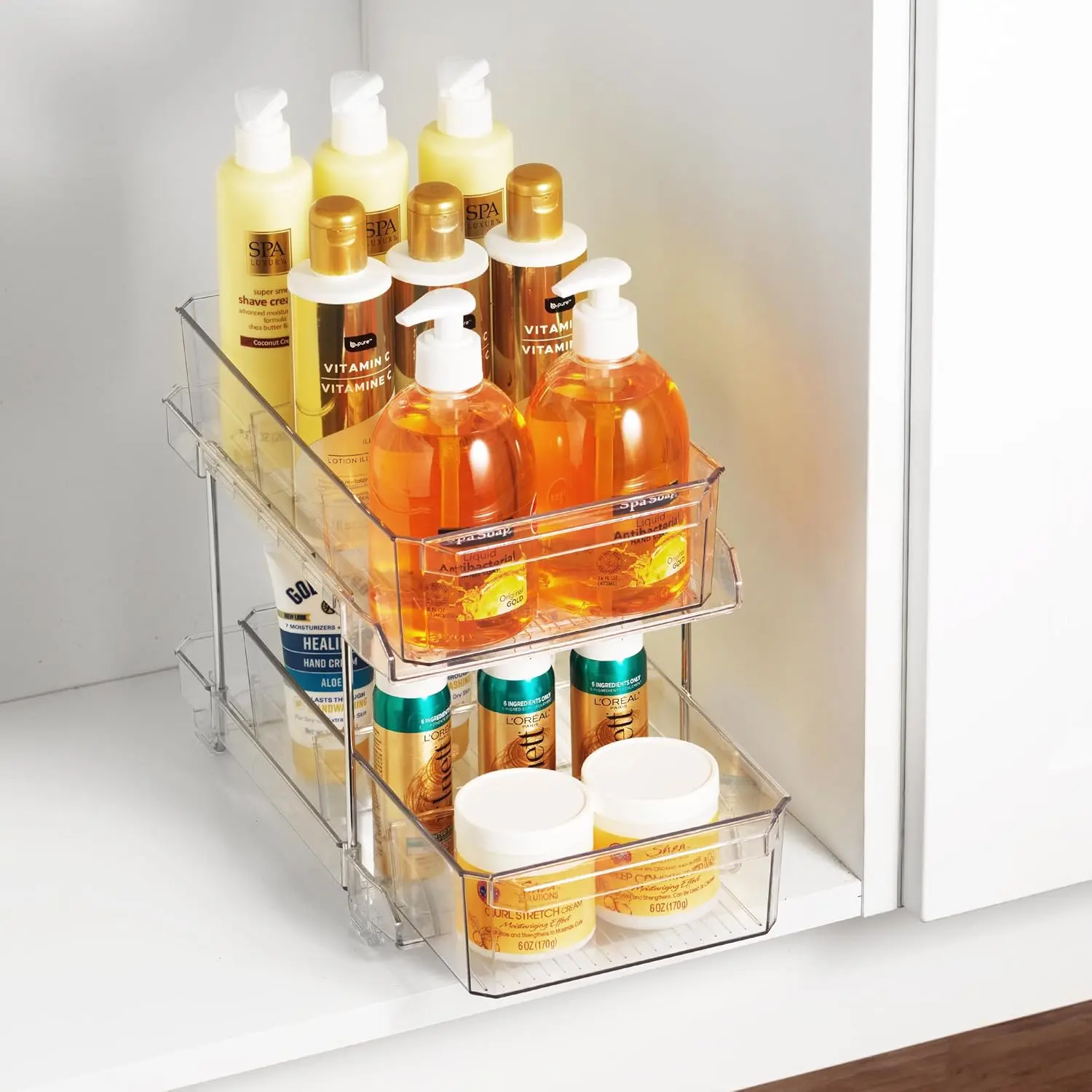 Masirs 2-Tier Clear Pull-Out Drawer Organizer - Sleek, Compact & Sturdy Makeup and Closet Organizer - Easy Assembly Kitchen Storage Solution, Ideal for Makeup, Tools, Medicines & Snacks