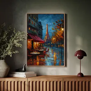 [SALE UP TO 40%] [Unframed] Paris Café Canvas Wall Art, Eiffel Tower at Night Painting, Romantic Paris Street Scene with Lights, Rain Reflections, French Home Décor