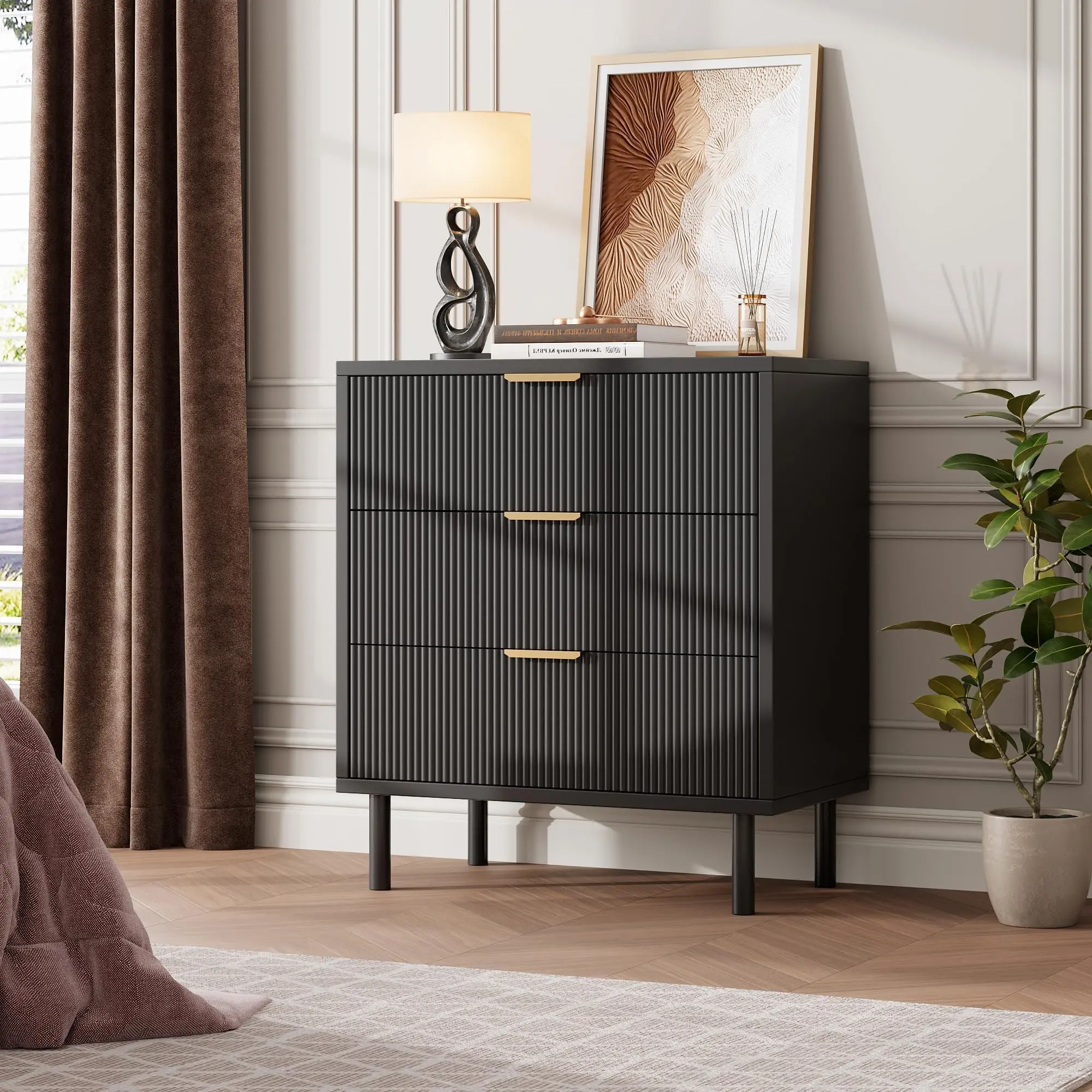 YJ-Garvee Black Fluted 3 Drawers Dresser, Wide Wood Chest of Drawers, Modern Storage Dresser Chest of Drawers Organizer with Metal Legs and Anti-Tipping Device for Bedroom Living Room，Black