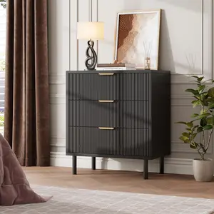 Garvee Black Fluted 3 Drawers Dresser, Wide Wood Chest of Drawers, Modern Storage Dresser Chest of Drawers Organizer with Metal Legs and Anti-Tipping Device for Bedroom Living Room
