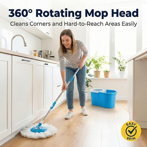 Spin Mop and Bucket with Wringer 360 Degree Spinning System 2 Microfiber Replacement Heads 61 Inch Adjustable Handle Soap Dispenser 20 Qt for Floor Cleaning