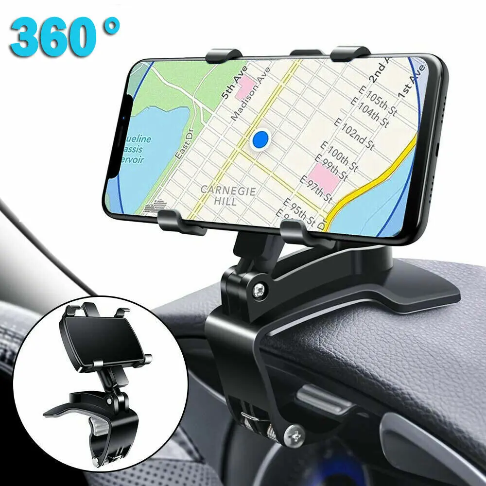 Car Phone Mount, Universal 360° Rotation Adjustable Dashboard Cradle, Multi-functional Clip-on Sun Visor/Rearview Mirror Stand for iPhone 17-11 Pro Max Plus & Samsung Galaxy Smartphone Accessories