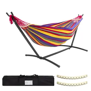 Double Hammock with Stand Included 450lb Capacity Steel Stand, Premium Carry Bag Included and Two Anti Roll Balance Beam, Portable Hammock with Stand for Backyard, Camping,Garden Brown Stripes