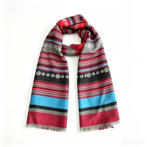 Women's Modest Geometric Striped & Dot Print Pashmina Scarf - Lightweight Warm Reversible Tasseled Wrap for Fall Winter, Ethnic Fashion Large Hijab for Daily, Travel Occasions