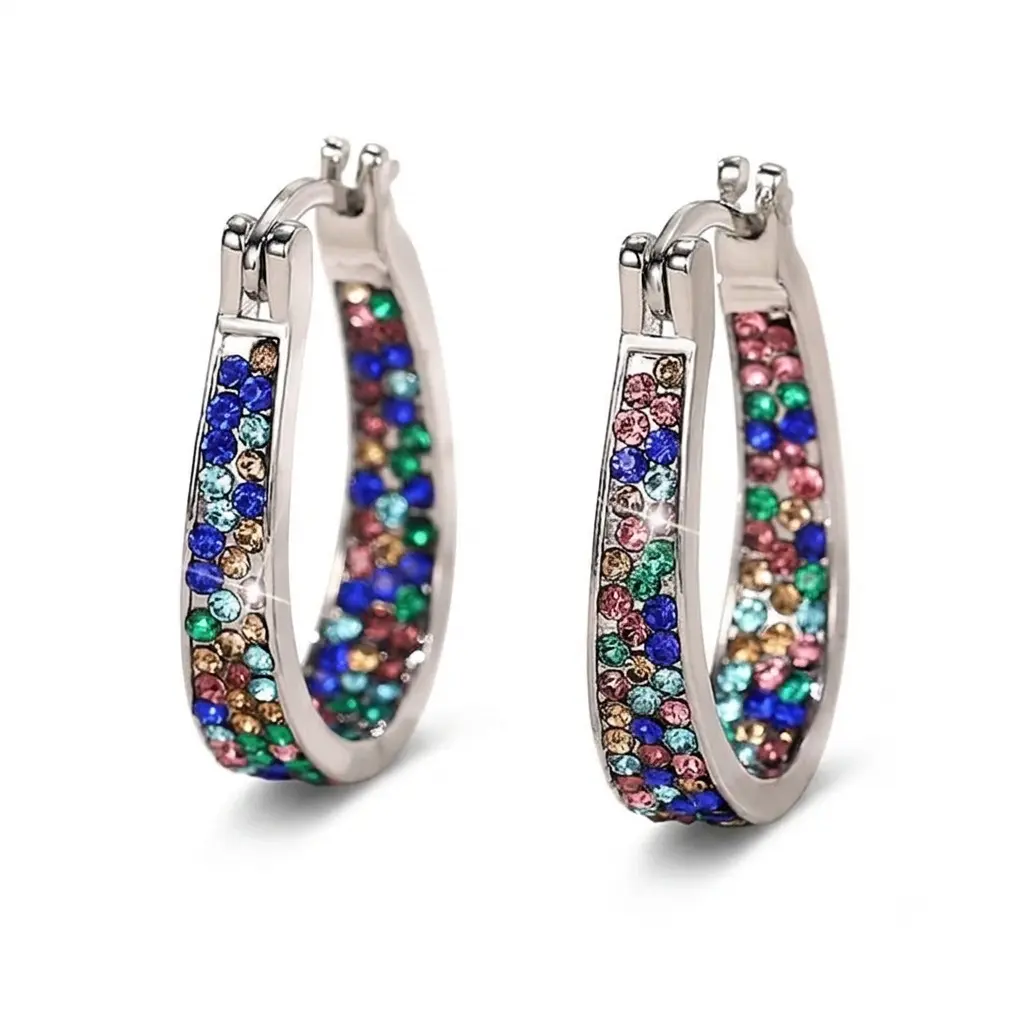 Glam Curved Huggie Hoop Earrings - Hypoallergenic Metal Alloy with Multicolor Glossy Inlaid Ornaments, Ideal for Daily Wear, Club Events, Holiday Gifting