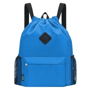 Drawstring Backpack Sports Gym Bag with Shoes Compartment, Water-Resistant String Backpack Cinch for Women Men(Large,Dark blue)