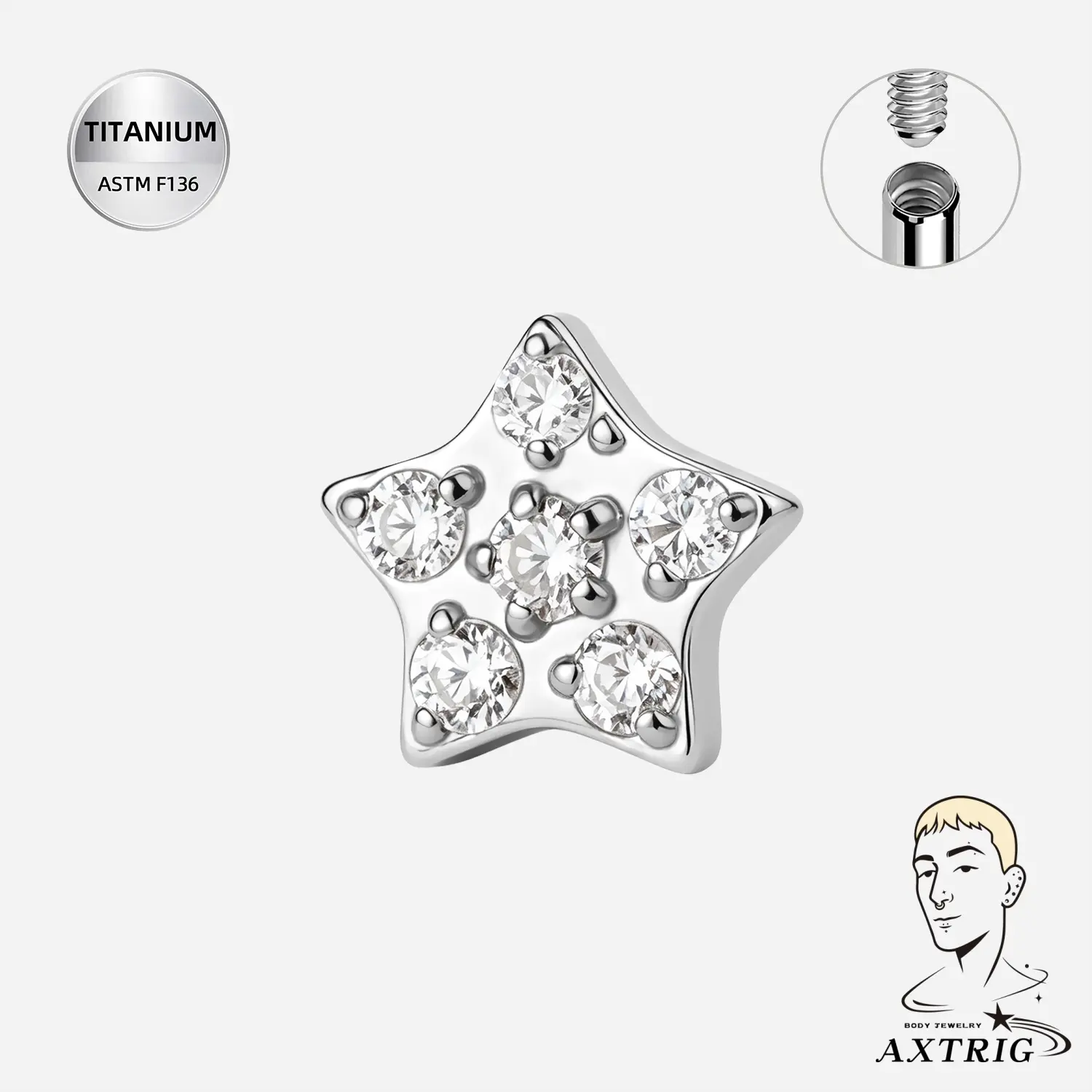 Unisex 14G ASTM F136 Titanium Cubic Zirconia Star Dermal Top, 4.5 mm Internally Threaded Body Jewelry Set for Healing Piercings, No, Everyday