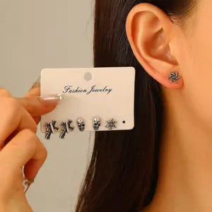 Gothic Punk Stud Earrings Set - Skull Cross Evil Eye Black Crystal Earrings for Men Women, Edgy Grunge Aesthetic Hypoallergenic Earrings for Daily Wear Halloween Party