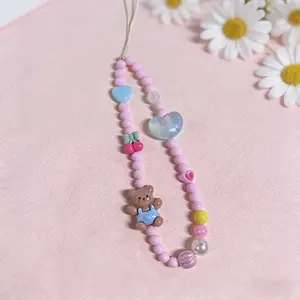 Cute 3D Bear Cherry Heart Beaded Phone Chain Charm Lanyard For iPhone Samsung Huawei Universal Accessories Jewelry Pendant Phone Charms