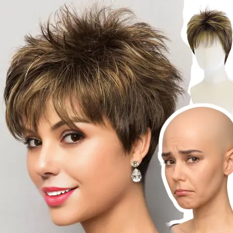 Doris Women's Medium Size Glueless Lace Front Short Pixie Cut Synthetic Wig with Bangs - Medium Golden Brown, Beginner-Friendly, Lightweight Heat-Resistant Protein Fiber, Traditional, Resizable, Fashionable Cosplay Daily Wig for Women