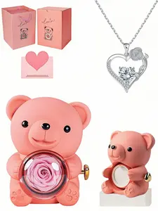 Romantic Fashion Heart Shaped Gemstone Necklace, Love Heart Necklace, Perfect Gift in Everlasting Flower Rotating Bear Box for Couples, Ideal for Birthdays, Anniversaries and Mother's Day