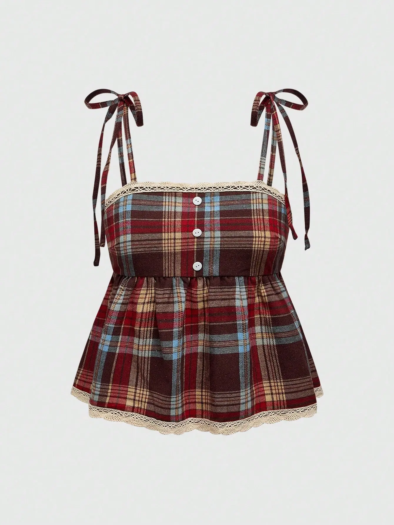 ROMWE Plus Size Grunge Punk Plaid Adjustable Strap Bow Decor Camisole – Red & Brown Street Style Top
