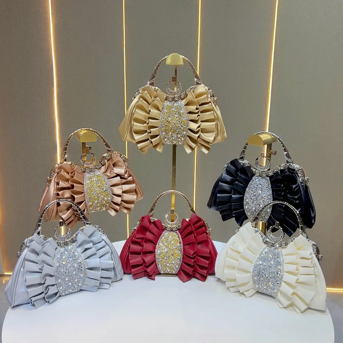 Satin Ruffle Rhinestone Top‑Handle Evening Clutch Bag Multi‑Color Hard‑Shell Kiss‑Lock Party Handbag