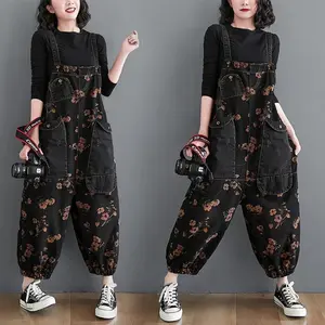 Loose sports pants, loose jeans, black jumpsuit, women's casual oversized pocket printed denim workwear with buckle, women's daily sports pants