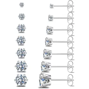 Silver Gold Black Stud Earrings Set 7Pairs Hypoallergenic Cubic Zirconia Titanium Stainless Steel Silver Rose Gold Black CZ Cartilage Stud Earrings Jewelry Sets for Women Men, 2-8mm CZ Stud Earrings