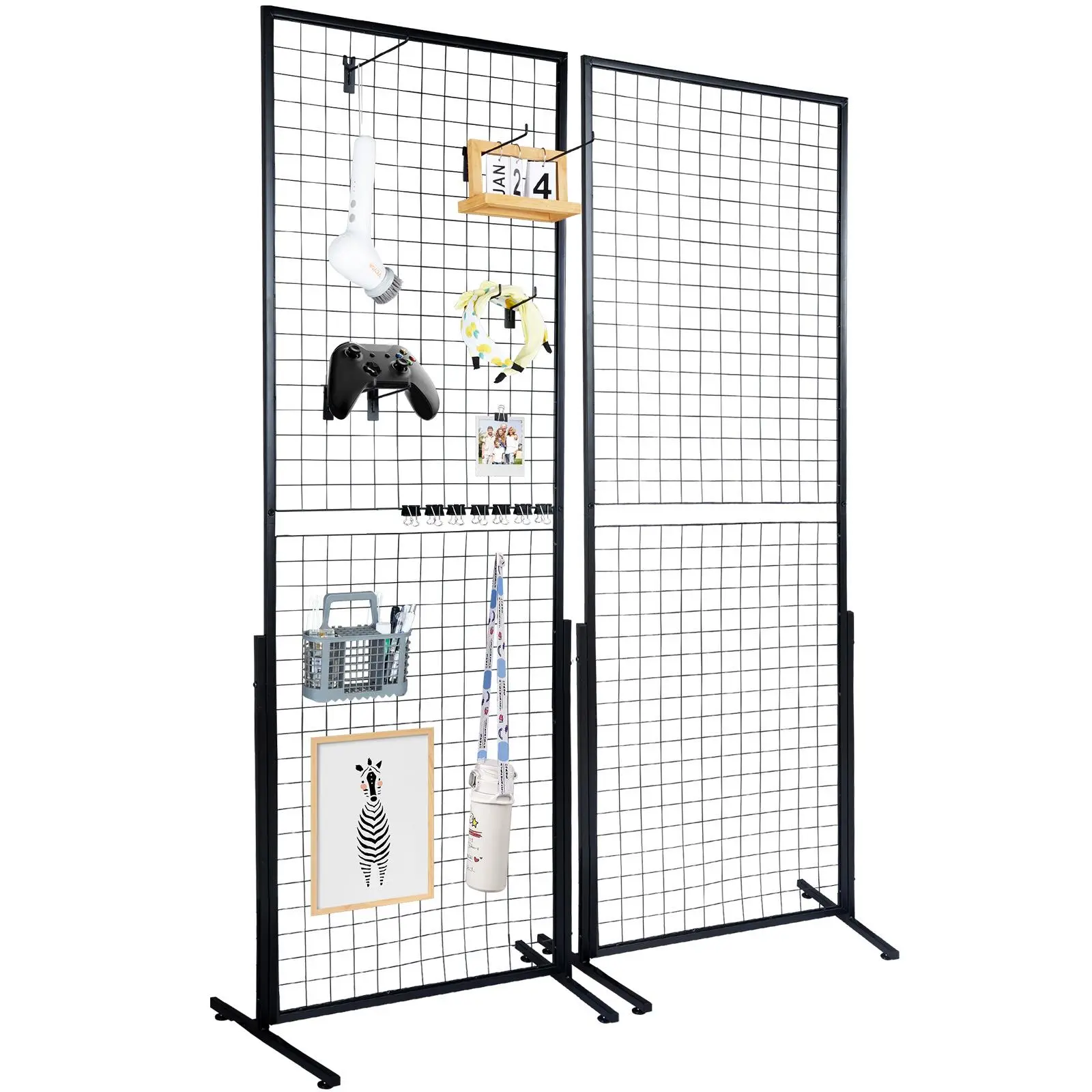 【SummerFinds】VEVOR Rectangular 2-Panel Hangable Metal Mesh Wall Panels Set, 2'x5.6' Double-Side Floorstanding Straight-Bar Wire Racks with T-Base, Hooks, Floating Shelves, Extra Clips, Easy Installation Hanging Home Organizer for Markets, Study Storage