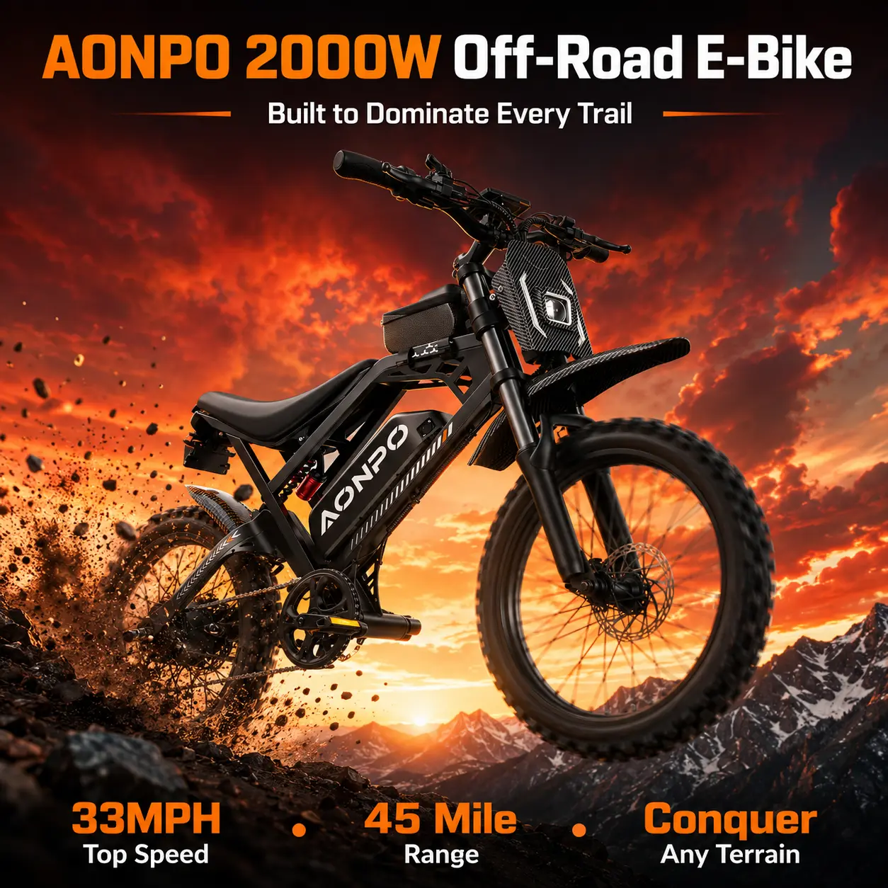 AONPO 2000W Peak Off-Road Adult E-Bike, 52V 23AH 45-mi Long Range Cycling Bike, 40MPH All-Terrain Mountain Ebike with Dual Hydraulic Suspension, Brakes, GT73 Pro Motor & Chrome Removable Battery dirt bike dirt bikes e bike kids