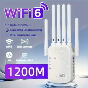 2025 WiFi Booster Repeater 1200Mbps with 6 Antennas WiFi-6 Signal Extender & Access Point High-Speed Coverage up to 13,000 sq.ft for Home Office US Plug 100-240V One-Click Setup Ethernet Port 360° Full Coverage