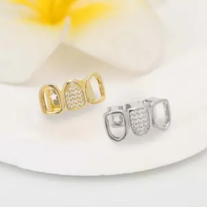 4pcs Stylish Copper Grills with Solid Cubic, Hollow 3-Prong Grillz for Hip-Hop Style, Unisex Jewelry Accessories, Halloween and Back-to-School Costume Decorations