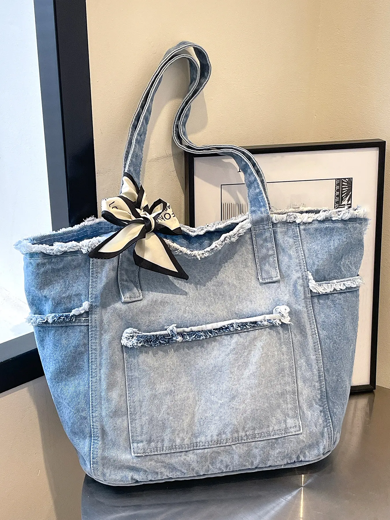 Niche retro denim handbag, bow scarf decoration, versatile large-capacity distressed tote bag, fashionable shoulder bag, casual trendy purses, daily travel to work commuting shoulder bag, suitable for office workers, shopping, etc.