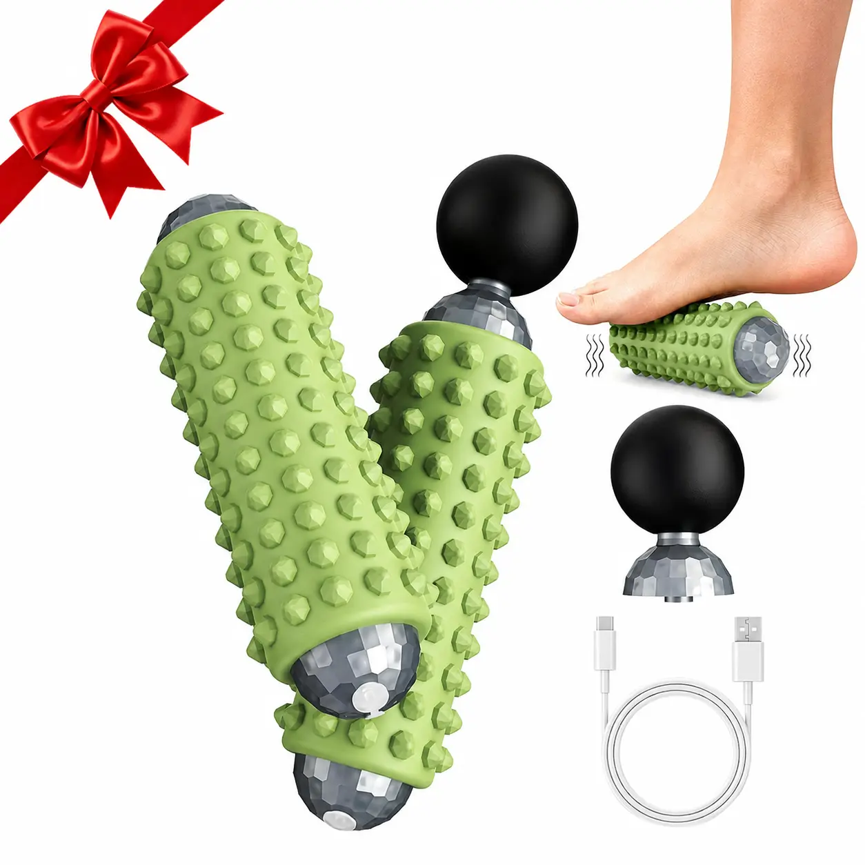 2-in-1 Portable Muscle Massage Gun with Roller Attachment, Mini Electric Massage Roller with 4 Vibration Modes, Rechargeable & Detachable Heads, for Muscle Relaxation at Fitness, Office & Travel