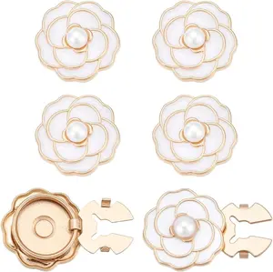 6Pcs Flower Cufflinks Alloy, White & Black Camellia Flower Cufflinks, Flower Button Covers with Pearl Decorative Buttons Clips, Golden Base Camellia Button Covers, Clothing Decoration