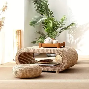 An antique hand-woven rattan mat end table - authentic Japanese low end table with solid wood and bamboo frame - eco-friendly hardwood sleigh base end table for sunrooms, balconies, floor seats, no electricity required