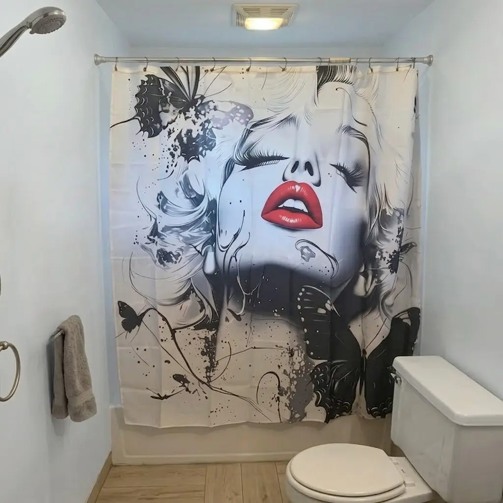 1/4pcs Marilyn Monroe Black & White Printed Shower Curtain Set 4 Piece with Toilet Lid Cover & 2 Bath Mats, Red Lips & Eyes Closed Portrait, Retro Hollywood Themed Bathroom Decor, Bathroom Decor And Accessories