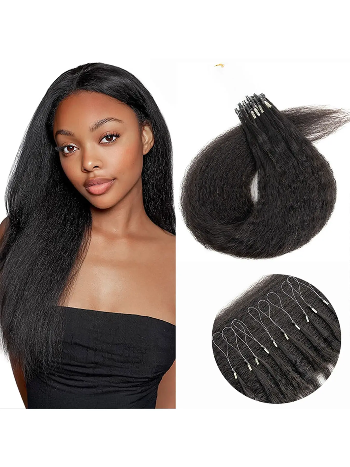 Kinky Straight Micro Loop Ring Human Hair Extensions, Brazilian Coarse Micro Link, 100% Real Premium Human Hair, Adds Length & Volume, High-Quality, Glueless human hair