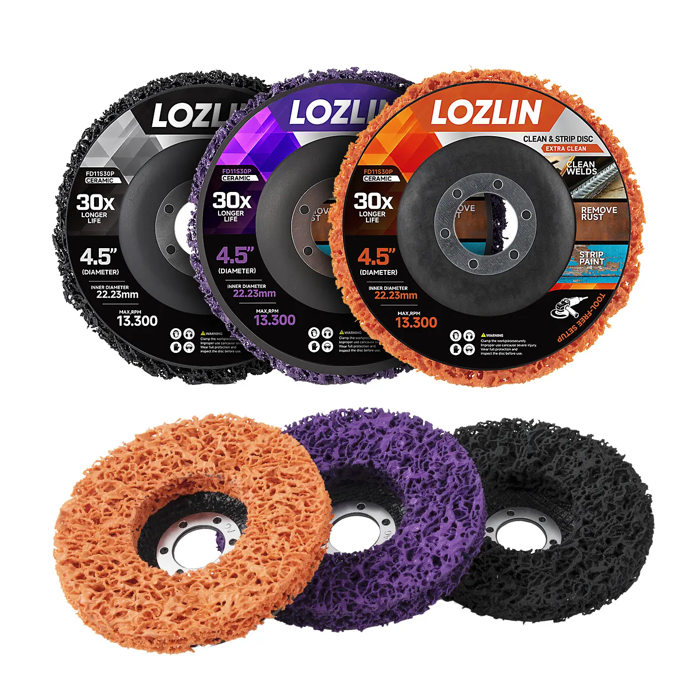 LOZLIN 3PCS 4.5" Strip and Clean Discs for Angle Grinder, Rust Paint Remover Wheels for Metal, Wood, Fiberglass — Stripping Oxidation & Coatings