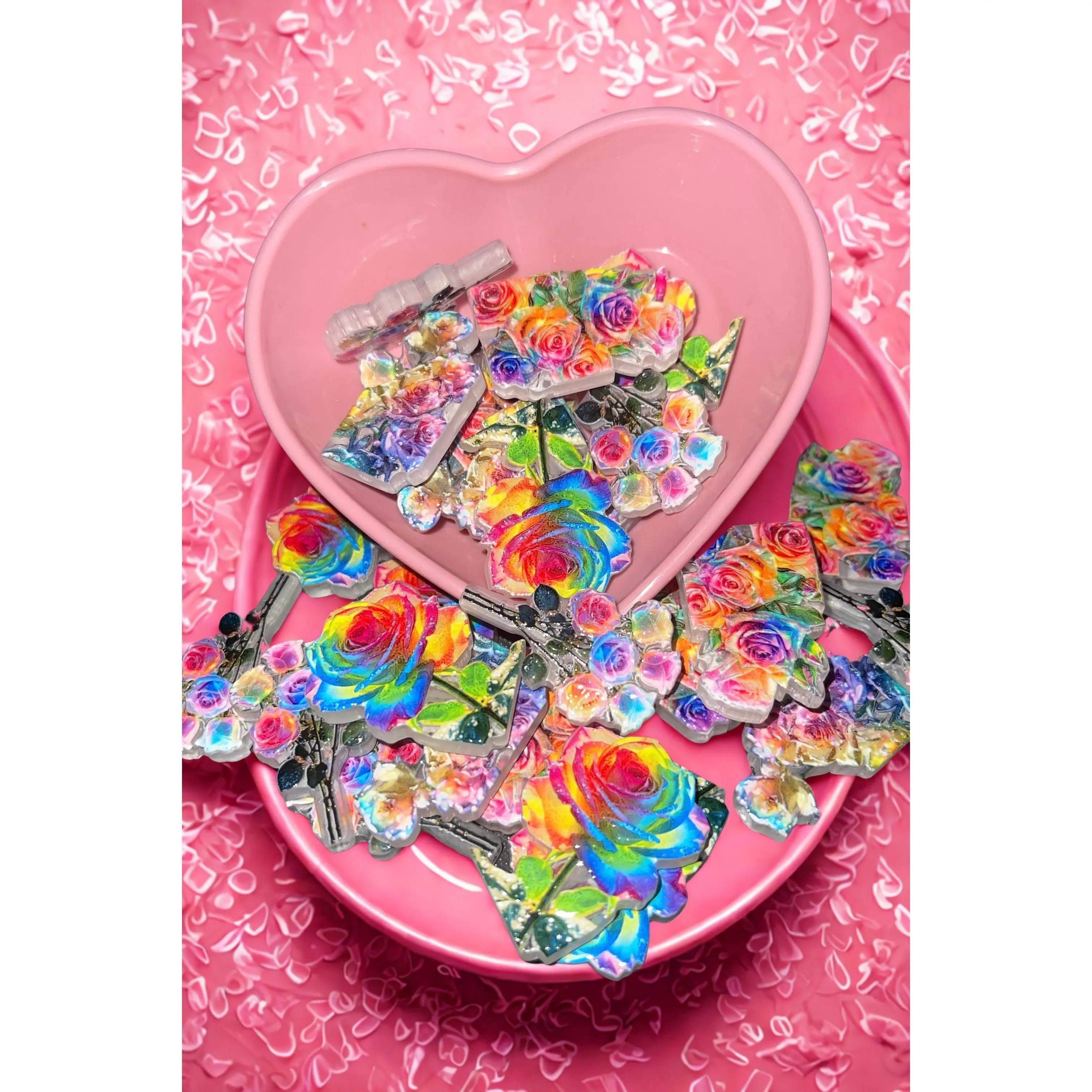 Rainbow Rose Beads — Holographic Floral Novelty Beads | 8 Per Pack