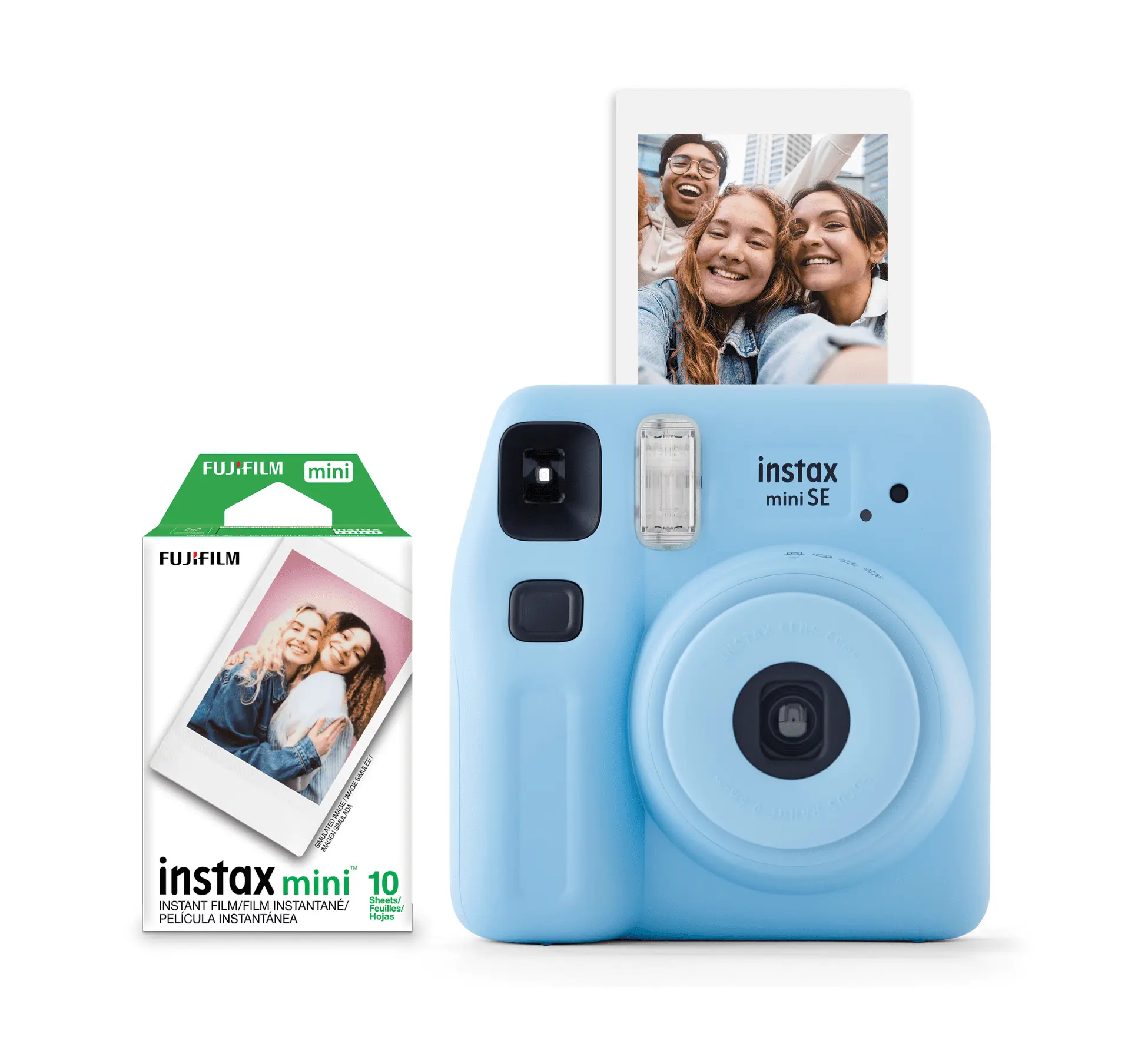 Fujifilm instax Mini SE Instant Film Camera with Lens, 10-Pack Mini Film Bonus, Light Blue Exclusive Value Pack (High-Quality Picture Capture)