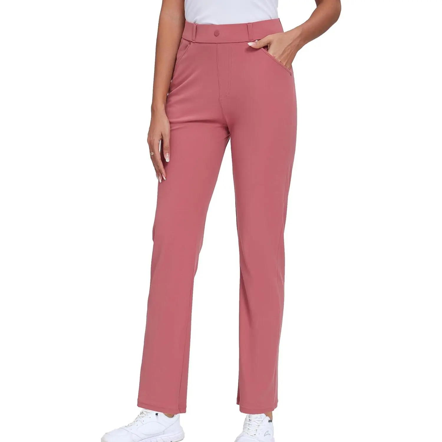 Women's Belted Knit Short Straight Leg Work Pants - Button-Front, Stretchy, Comfortable, Pockets, Knit Fabric for Office Business Wear, Belt, Fit