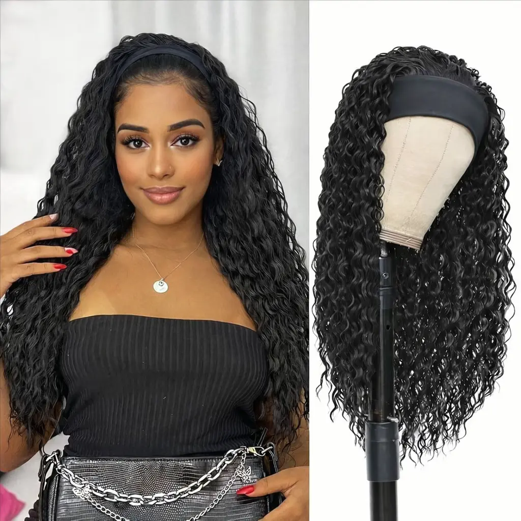 22-24 Inch Curly Headband Wig for Women, 180% Density Water Wave Black Synthetic Hair, Glueless Wet and Wavy Half Wig with Attached Headband