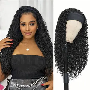 24 Inch Curly Headband Wig for Women, 180% Density Water Wave Black Synthetic Hair, Glueless Wet and Wavy Half Wig with Attached Headband
